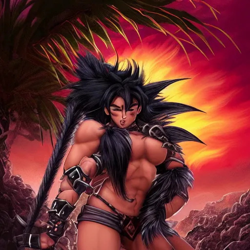 Image similar to barbarian warrior woman with chimera cat tail, cat tail, furry tail, barbarian pelt, cavewoman, black hair, electrified hair, wild spiky black saiyan hair, surrounded by electrical aura, prowling around primeval jungle, palm trees, rocks, mountains, red sky, hyperdetailed, ultra high definition, realism, 4 k, frank frazetta