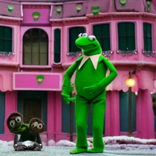 Image similar to kermit the frog in grand budapest hotel