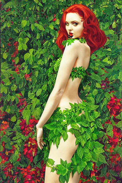 Prompt: full body portrait of lily cole as poison ivy, wearing a green dress and floral growths, epic details by alex ross