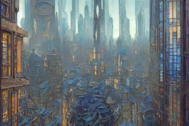 Image similar to beautiful painting of an art deco city, glowing windows. reflective detailed textures, elaborate geometric ornament and brushed steel, highly detailed dark fantasy science fiction painting by donato giancola and peter mohrbacher and nicholas roerich and diego rivera, silver and cool colors. artstation