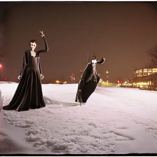 Prompt: medium format photograph of a surreal fashion shoot in the snow at night with camera flash