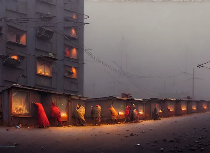 Prompt: waiting in line for cold soup by simon stalenhag and gil elvgren and marc simonetti and quint buchholz, slums, highly detailed, hyperrealism, dreary, cold, cloudy, grey, smog, high contrast, solarpunk, high saturation