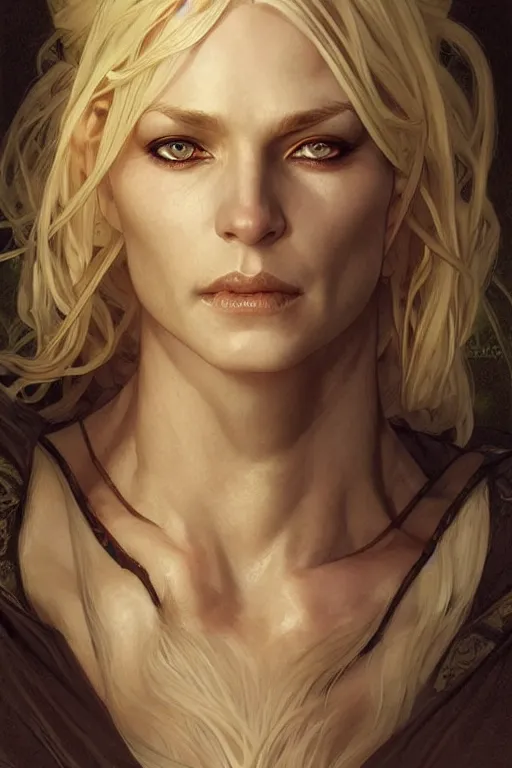 Image similar to portrait of an old blonde elven mage, dark, piercing eyes, gentle expression, elegant clothing, photorealistic, highly detailed, artstation, smooth, sharp focus, art by michael whelan, artgerm, greg rutkowski and alphonse mucha