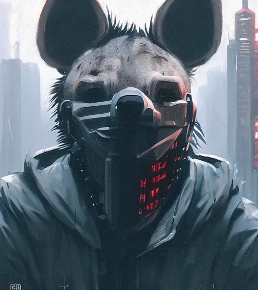 Image similar to new york city portrait of furry anthro anthropomorphic spotted hyena head animal person fursona wearing clothes strange cybernetic muzzle gloomy rainy screenshot from the video game cyberpunk 2077 digital art by Greg Rutkowski, Simon Stalenhag, christopher nolan trending on Artstation, CGSociety