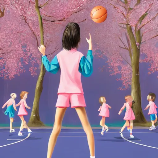 Image similar to tall woman wearing a blue jacket and pink shorts playing basketball against a group of kindergarteners wearing japanese school uniforms, complete detailed body, cherry blossom trees in background, moody atmosphere, digital art, highly detailed, high contrast, beautiful lighting, award winning, trending on art station, photorealistic, 8 k,