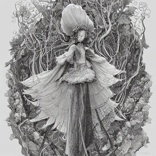 Image similar to the face of an incredibly beautiful, graceful, elegant, and sophisticated young japanese woman dressed as a bulb of garlic, an ultrafine detailed illustration by james jean, intricate linework, bright colors, final fantasy, behance contest winner, vanitas, angular, altermodern, unreal engine 5 highly rendered, global illumination, radiant light, detailed and intricate environment