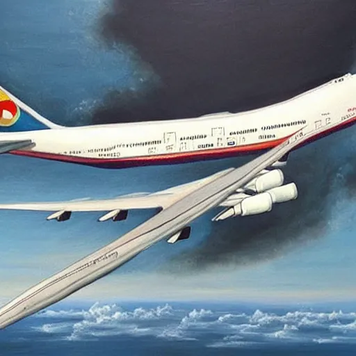 Image similar to a painting of a boeing 7 4 7 jumbo jet, painted in the style of davinci