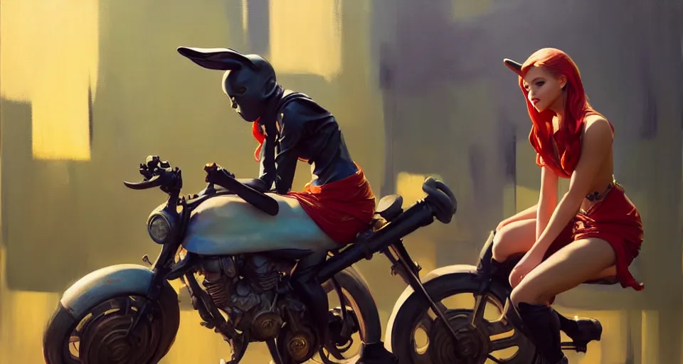 Image similar to greg manchess portrait painting of bunny figurine - full clothes female body, sitting on cyberpunk motorbike, medium shot, asymmetrical, profile picture, organic painting, sunny day, matte painting, bold shapes, hard edges, street art, trending on artstation, by huang guangjian and ail elvgren and sachin teng