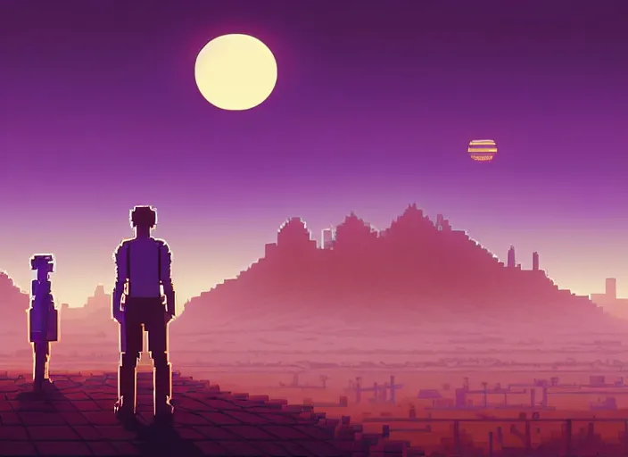 Image similar to detailed pixel art, science fiction pc game point - and - click adventure, lucas arts, desert with city in the skyline, two suns, purple orange colors, sharp focus, illustration, highly detailed, digital painting, concept art, matte, art by wlop and artgerm and greg rutkowski, masterpiece