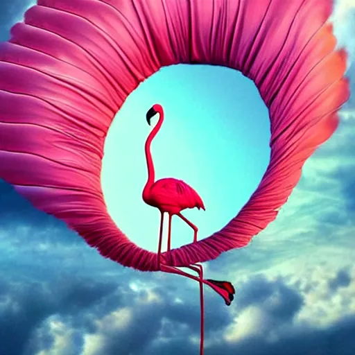 Prompt: a goddess wearing a flamingo fashion up there in sky, aesthetics, on fire, photoshop, colossal, creative and cool, giant, digital art, photo manipulation, clouds