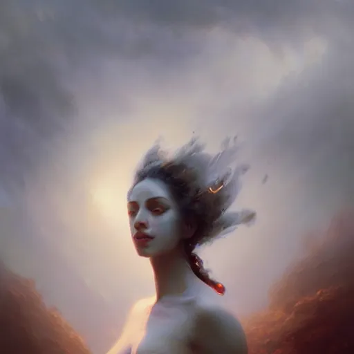 Image similar to ''cinematic shot'' portrait of palne sweaty skin beutiful face goddess of emotions cloudy lighting atmosferic realistic made by ivan aivazovsky, peter mohrbacher, greg rutkowski volumetric light effect broad light oil painting painting fantasy art style sci - fi art style realism premium prints available artwork unreal engine