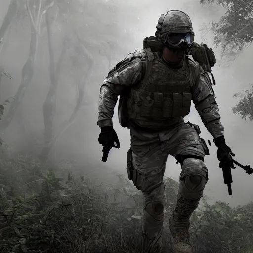 Image similar to Wounded Mercenary Special Forces soldier in light grey uniform with black armored vest and helmet crawling to cover in the jungles of Tanoa, combat photography by Feng Zhu, highly detailed, excellent composition, cinematic concept art, dramatic lighting, trending on ArtStation