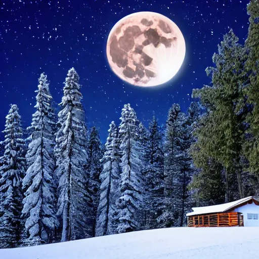 Prompt: cabin in the snowy mountains with wolves in the background under a full moon with pine trees