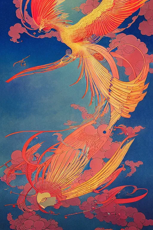 Prompt: victo ngai and lfons mucha painting of a phoenix in the sky, chinese style