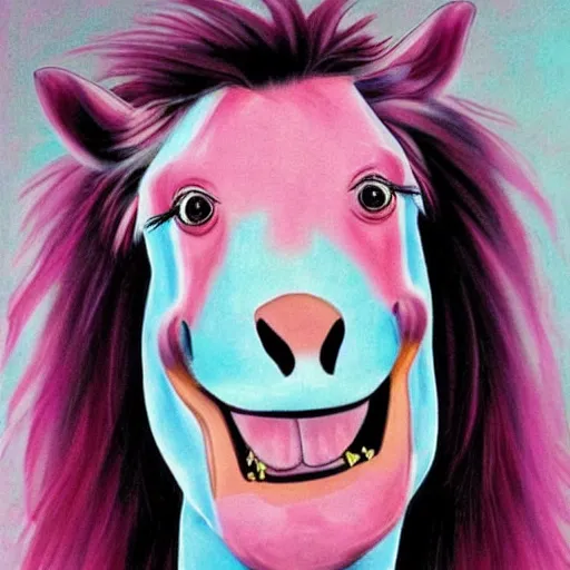 Image similar to hybrid between Jim Carrey and a pink horse, Jim Carrey mixed with a pink horse, shocked expression