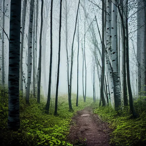 Prompt: dark liminal forest, dirt path, tall birch trees, foggy, highly realistic, 5 mm canon lens, 4 k,