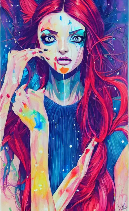 Prompt: an ultra detailed beautiful painting of a stylish woman with colorful sundress, movie poster, modern, symmetrical, harumi hironaka, conrad roset, greg rutkowski