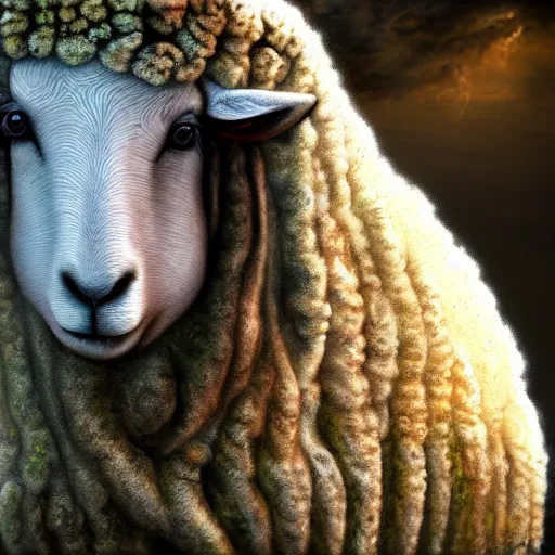 Image similar to a sheep, fantasy art, 4k, HDR, photorealistic, 8k by HR Giger