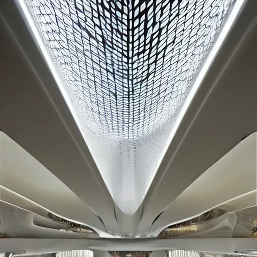 Prompt: stunning beautiful futuristic museum interior by Zaha Hadid, smooth curvilinear dragonfly wings pattern