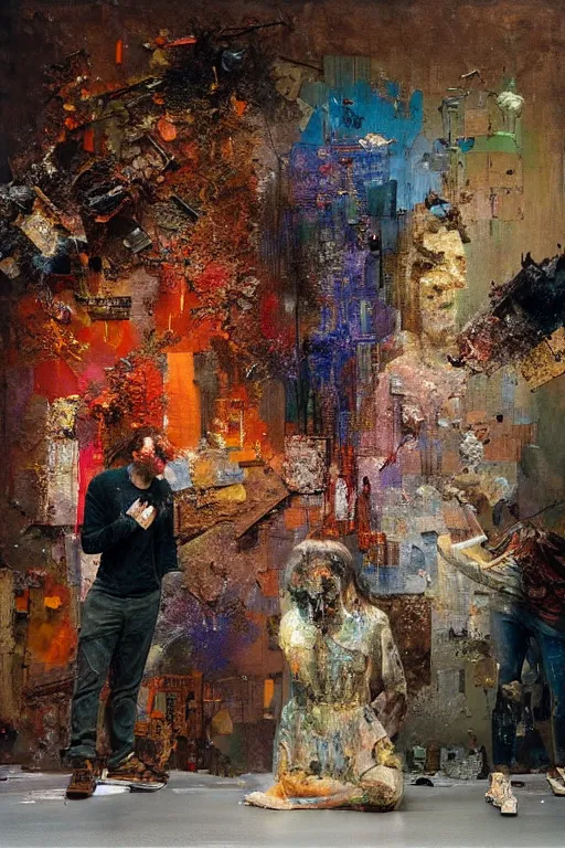 Image similar to a beautiful glitched painting by robert proch of people in front of a painting in a museum gallery, metal rust and plaster materials, pixel sorting, color bleeding, brushstrokes by jeremy mann, still life, dark colors