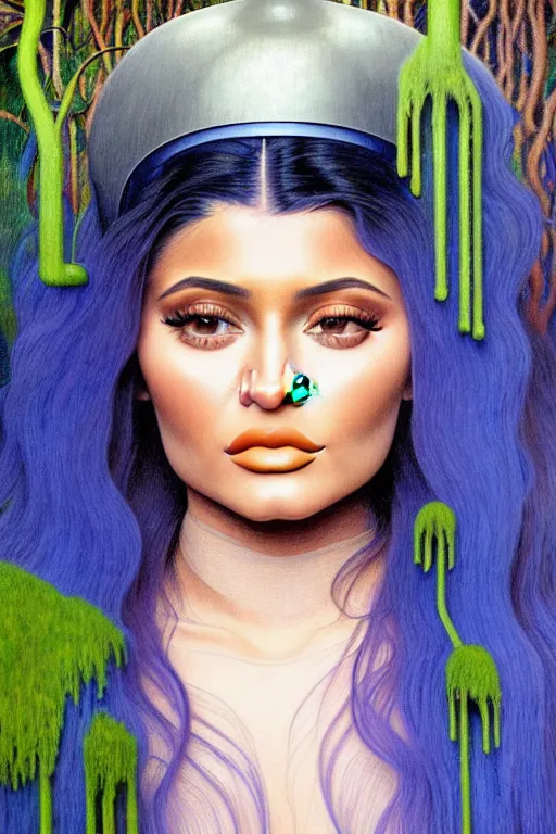 Prompt: realistic detailed face portrait painting of the beautiful kylie jenner with long hair with sci-fi headwear, futuristic sci-fi forest on background by Jean Delville, Amano, Yves Tanguy, Alphonse Mucha, Edward Robert Hughes, Roger Dean, moebus, hilma AF klint rich moody colours, blue eyes