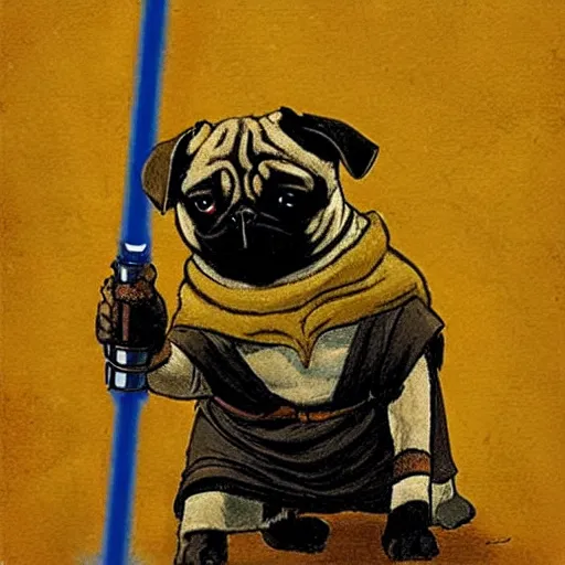 Prompt: a pug Jedi holding a lightsaber, in the style of frank frazetta, —n 9