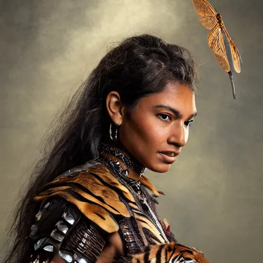 Image similar to a majestic brown warrior woman wearing a dragonfly armor. woman is face to face with a tiger. studio portrait. photorealistic.