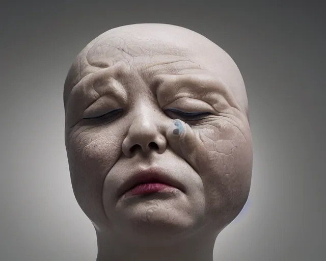 Prompt: a massive porcelain sculpture of a surreal squashed human face on the ocean water, in the style of johnson tsang, lucid dream series, cinematic, hyper - realistic, very detailed, realistic water splashes, ray tracing, 8 k resolution, long - shot, sharp focus, low angle, 8 5 mm photograph, wide lens