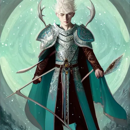 Image similar to a stunningly beautiful portrait of a handsome male snow elf in a turquoise cape and silver ornate armour as an archer, albino skin, pale pointed ears, ethereal opalescent mist, moonlight snow, perfect face, elegant, very coherent symmetrical artwork, atmospheric lighting, rule of thirds, by wenjun lin, krenz cushart, charlie bowater, trending on artstation