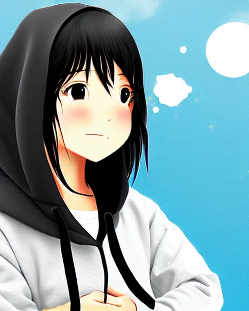 Image similar to black haired girl wearing hoodie, detailed city background, anime illustration by anmi