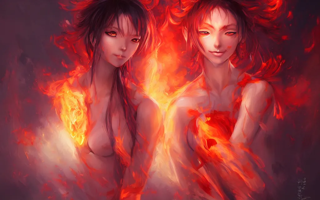 Image similar to A realistic anime portrait of a beautiful fire spirit twins with glowing red eyes and firey skin wearing clothes made of flames, digital painting, by Stanley Artgerm Lau, Sakimichan, WLOP and Rossdraws, digtial painting, trending on ArtStation, SFW version