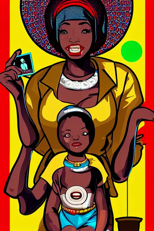 Image similar to mama africa smile to her child!!! pop art, pixel, bioshock, gta chinatown, artgerm, richard hamilton, mimmo rottela, julian opie, aya takano