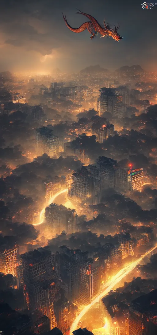 Image similar to vietnamese dragon flying above hanoi city, concept art, moody lightning, amazing composition, high details, octane render, unreal engine