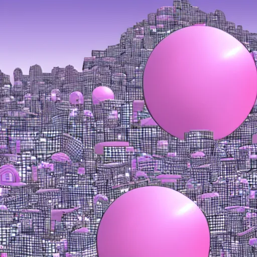 Prompt: giant pink purple bubbles with cities inside them