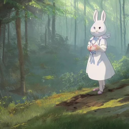 Image similar to concept art painting of a chubby white rabbit wearing a turquoise dress, in the deep forest, realistic, detailed, cel shaded, in the style of makoto shinkai and greg rutkowski and james gurney