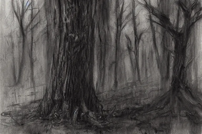 Prompt: graphite sketch of a dead stump of a tree at a rural crossroad, by jeremy mann