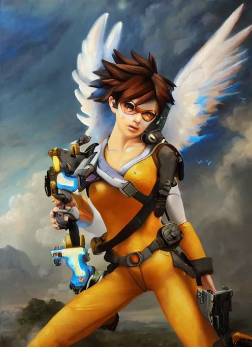 Prompt: oil painting of tracer overwatch in the style of sophie anderson, flying, angel wings,