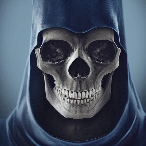 Image similar to award - winning. trending on artstation. 4 k. eerie tone. a robotic skull faced figure wearing a hooded cape made of the night sky with 1 5 dark blue glowing eyes on its face and rows of teeth on its chest. full - body. portrait.