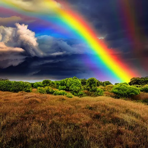 Prompt: A stormy rainy sky with black puffy clouds and a beautiful twisting rainbow, Huge heavy rain slants across the scene, matte painting