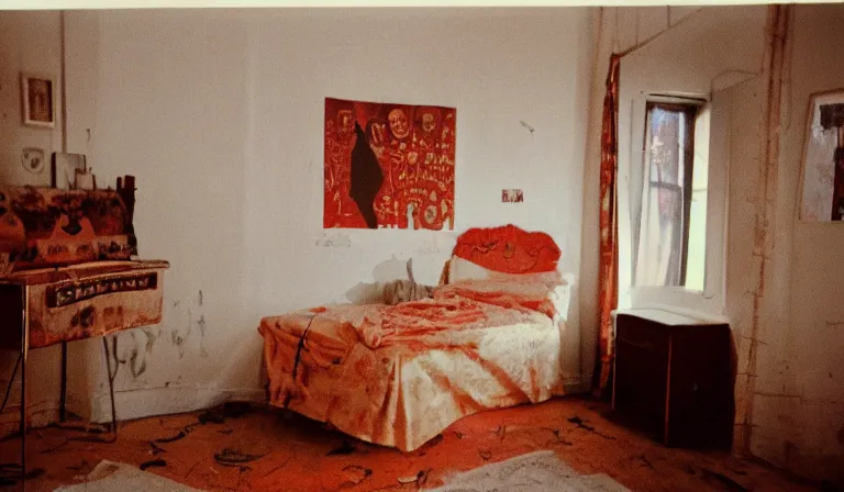 Image similar to A bedroom designed by William Burroughs, 35mm film, long shot