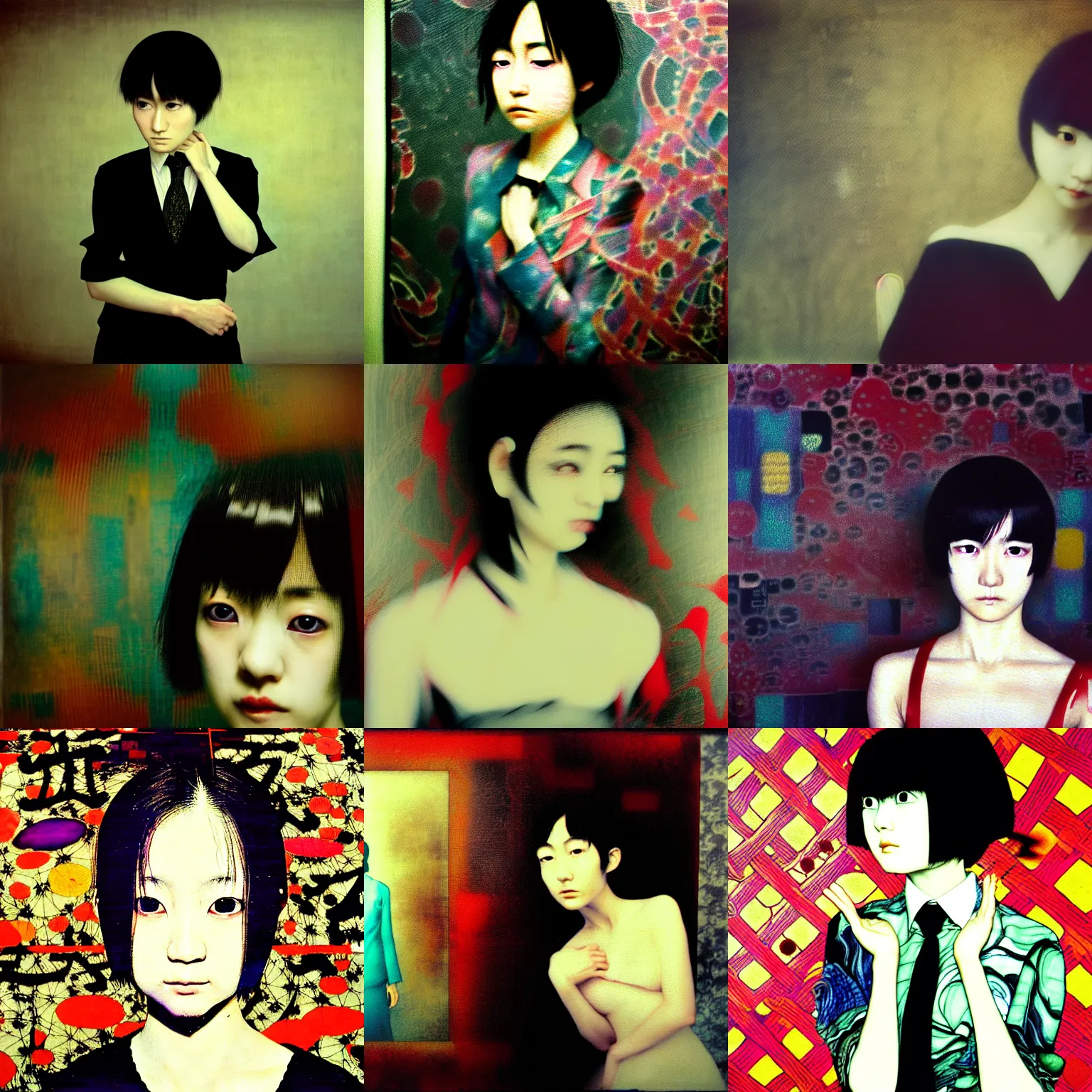 Prompt: yoshitaka amano blurred and dreamy realistic portrait of a young woman with short hair and black eyes wearing dress suit with tie, junji ito abstract patterns in the background, satoshi kon anime, noisy film grain effect, highly detailed, renaissance oil painting, weird camera angle, blurred lost edges, photo by nan goldin