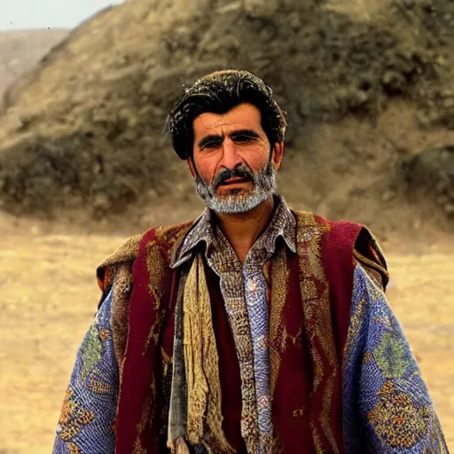 Image similar to Kurdish shepherd wearing Kurdish clothes in a movie directed by Christopher Nolan, movie still frame, promotional image, imax 70 mm footage