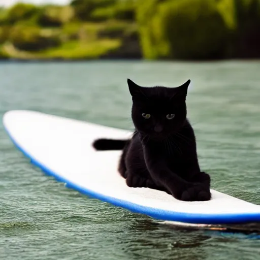 Prompt: black cute cat surfing on a surfboard, 8 k