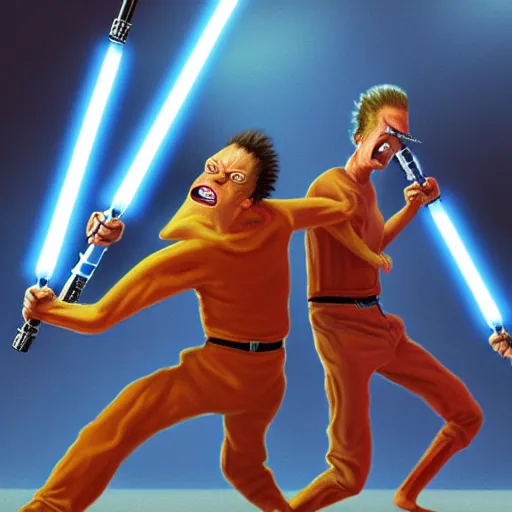 Prompt: UHD photorealistic Beavis and Butthead fighting with lightsabers, trending on artstation, in the style of tonalism