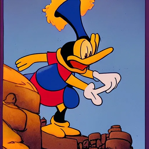 Image similar to donald duck, in a lost ancient city, by carl barks, atmospheric lights