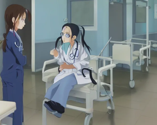 Prompt: a cute young female doctor wearing white coat are talking to a little girl with a blue shirt in a hospital, slice of life anime, vivid, anime scenery by Makoto shinkai