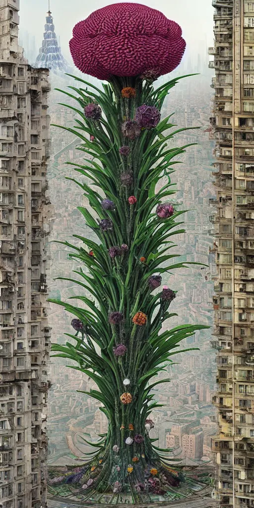 Image similar to colossal alien flower in the middle of abandoned post soviet constructivist cityscape, Stalinist architecture, ultradetailed, Intricate by Hayao Miyazaki and Josan Gonzalez and Giuseppe Arcimboldo and Wes Anderson and H.R. Giger