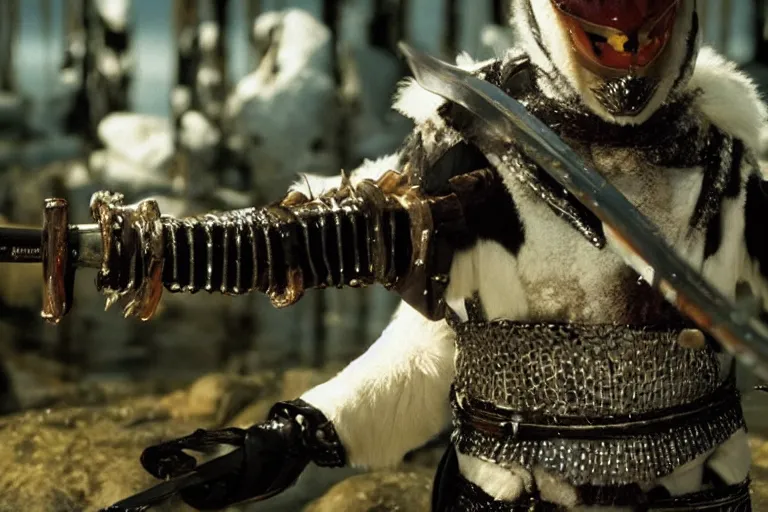 Image similar to movie scene closeup penguin wearing fishbone armor holding a katana sword in a lush arctic. by emmanuel lubezki