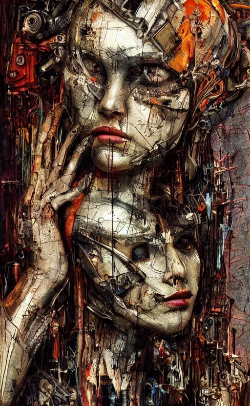 Prompt: woman made of mech mask rendered in unreal engine, cyberpunk, rave, scifi, painted by albrecht durer | bernard buffet | carne griffiths | wlop