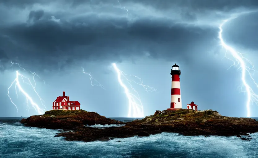 Image similar to a movie still of a lighthouse with a thunderstorm, highly detailed, 8 k